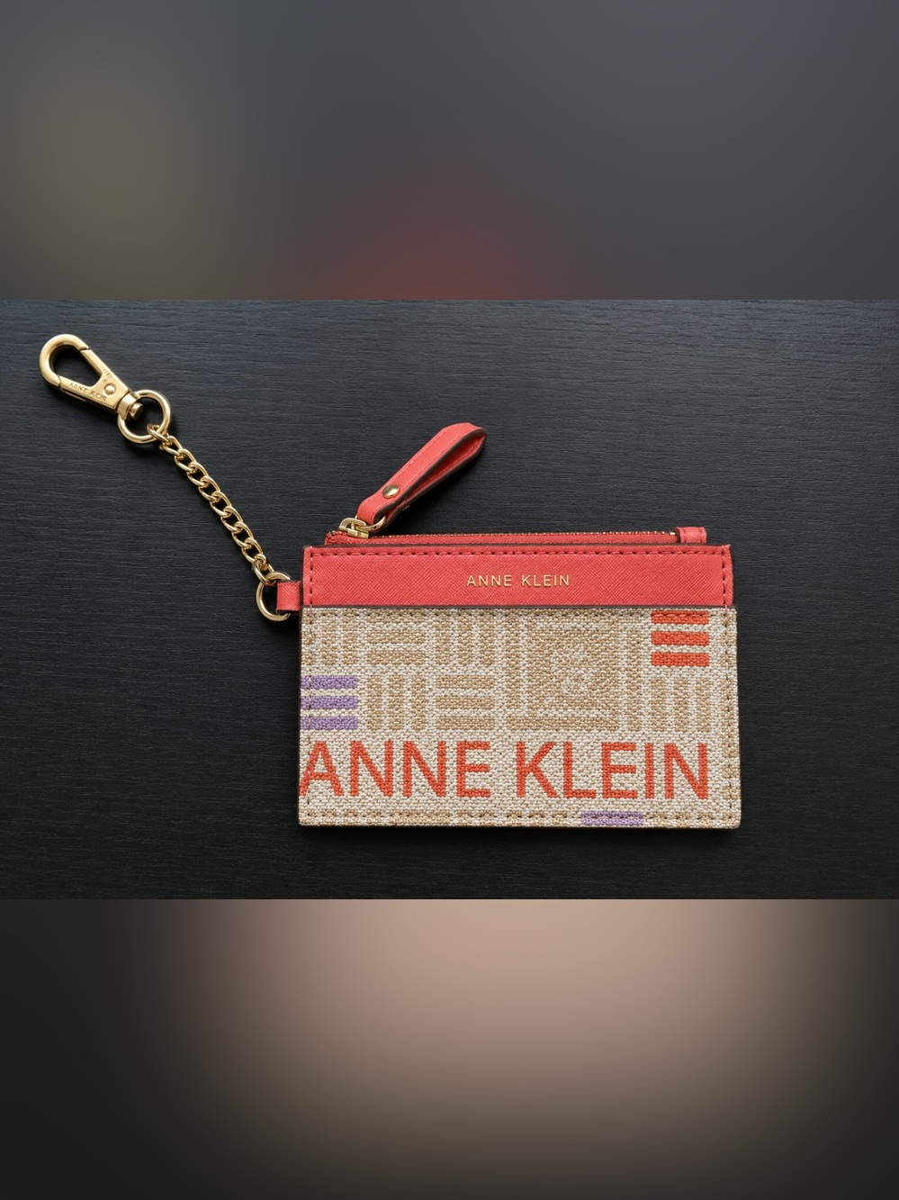 Anne Klein Coral Accent Beige Logo Card Case Keychain